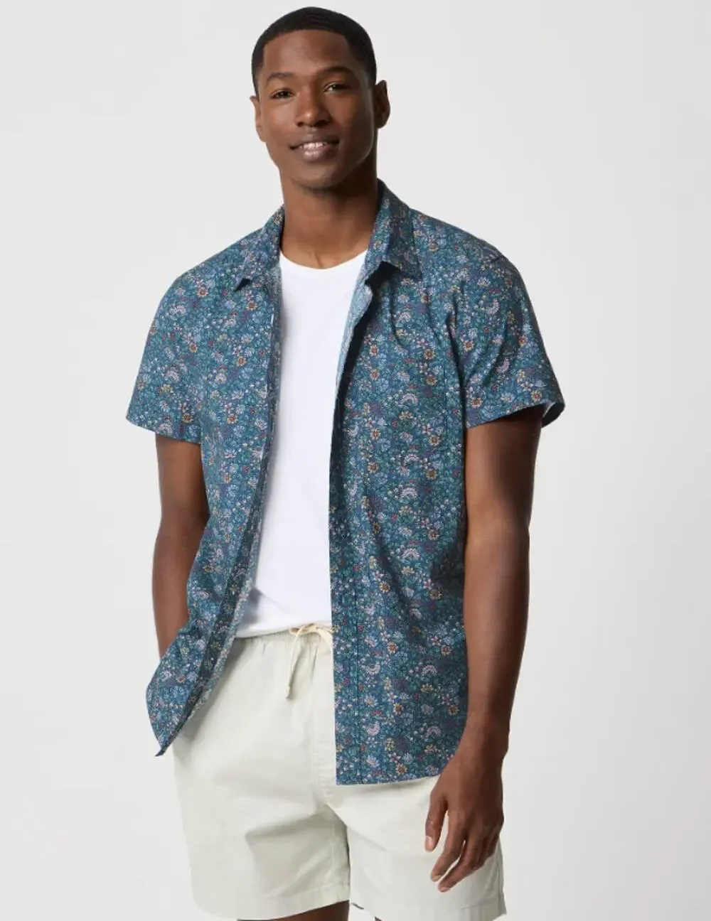 J.Crew Short Sleeve Printed Flex Wash Casual Shirt Men L Blue Floral Button Up